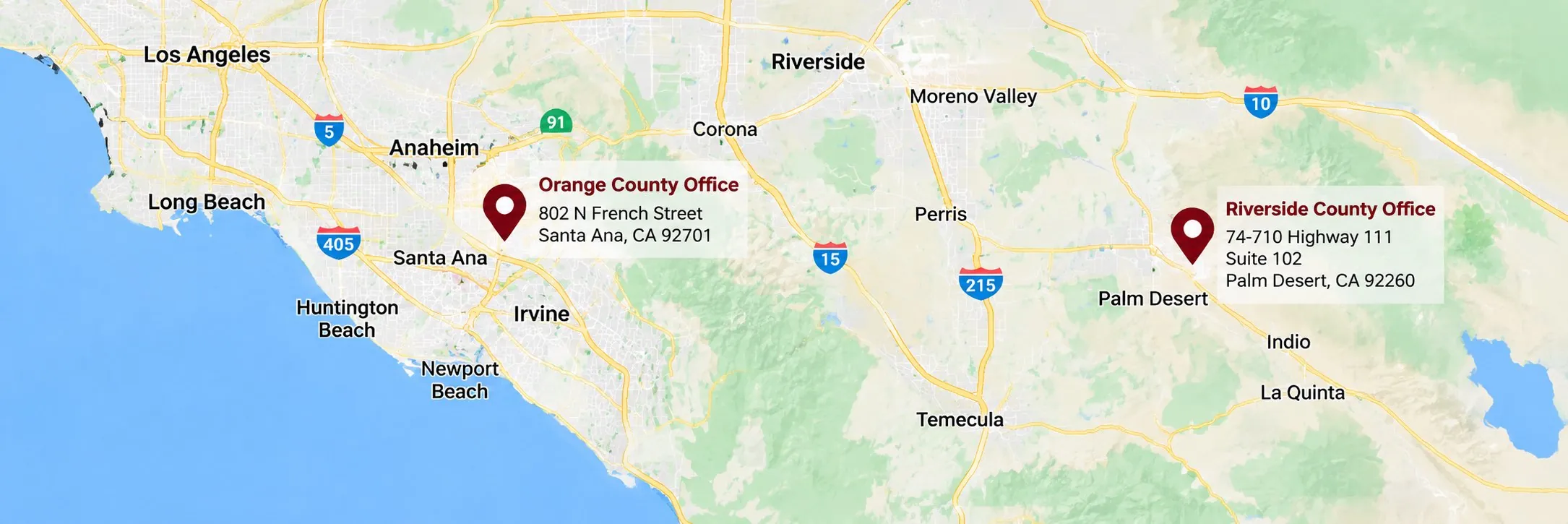 Map showing the Orange County office in Santa Ana and the Riverside County office in Palm Desert.